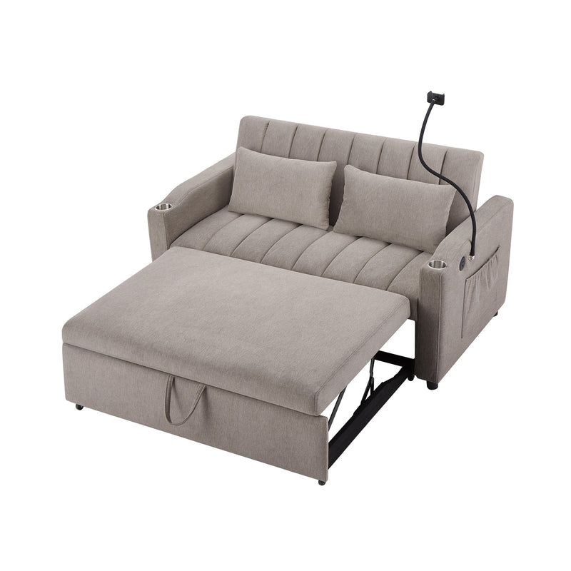 55.9" Convertible Sofa Bed Loveseat Sofa with Three USB Ports, Two Side Pockets, Two Cup Holders and 360Swivel Phone Holder for Living Room, Light Grey