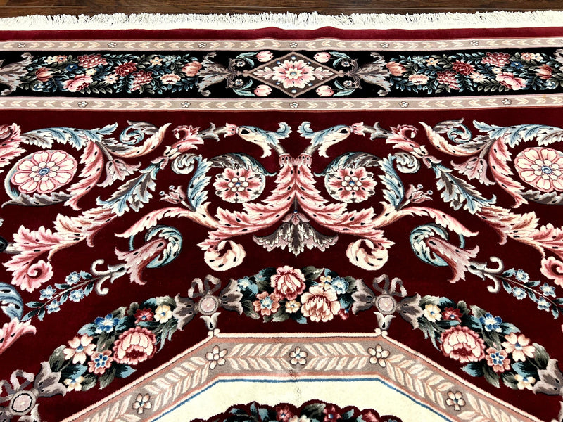 Chinese Aubusson Rug 9x12, Burgundy, Handmade Vintage Wool Carpet, Fine 210 KPSI, Elegant European Design
