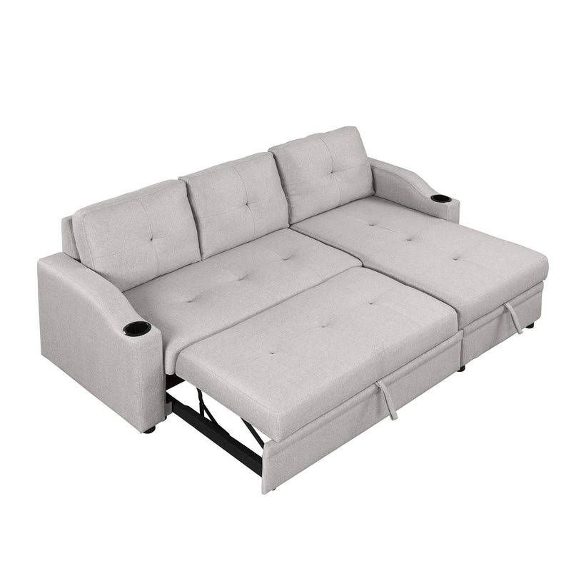 80.3" Pull Out Sofa Bed Modern Padded Upholstered Sofa Bed, Linen Fabric 3 Seater Couch with Storage Chaise and Cup Holder, Small Couch for Small Spaces