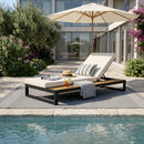 Black Iron & Teak Finish Chaise Lounge Set: 1 Frame + 1 2-Fold