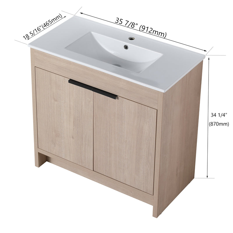 36 Inch Freestanding Bathroom Vanity with White Ceramic Sink & 2 Soft-Close Cabinet Doors (BVB02436PLO-F-BL9090B),W1286S00063