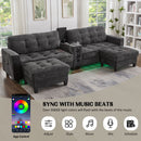 Modern Sectional Sofa U-Shaped With Movable Ottomans, tooth Speakers, LED Lights And Modular Storage