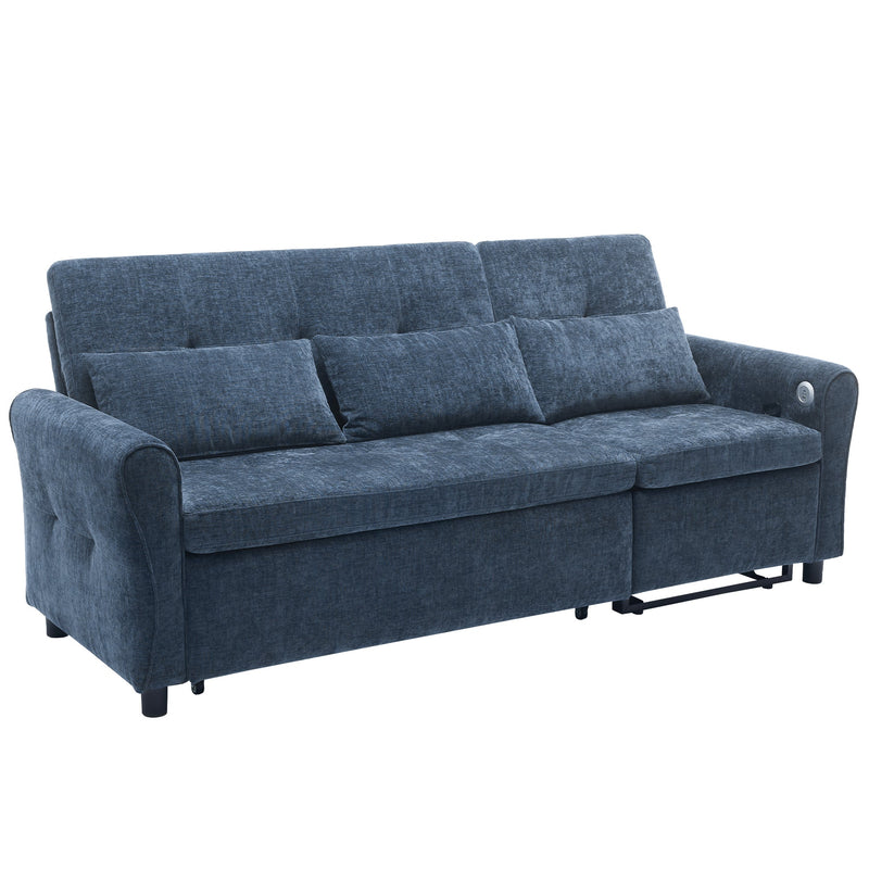 2-in-1 Sofa 82' Three-seater Sofa with Sofa Bed and Reversible Recliner, Blue Chenille