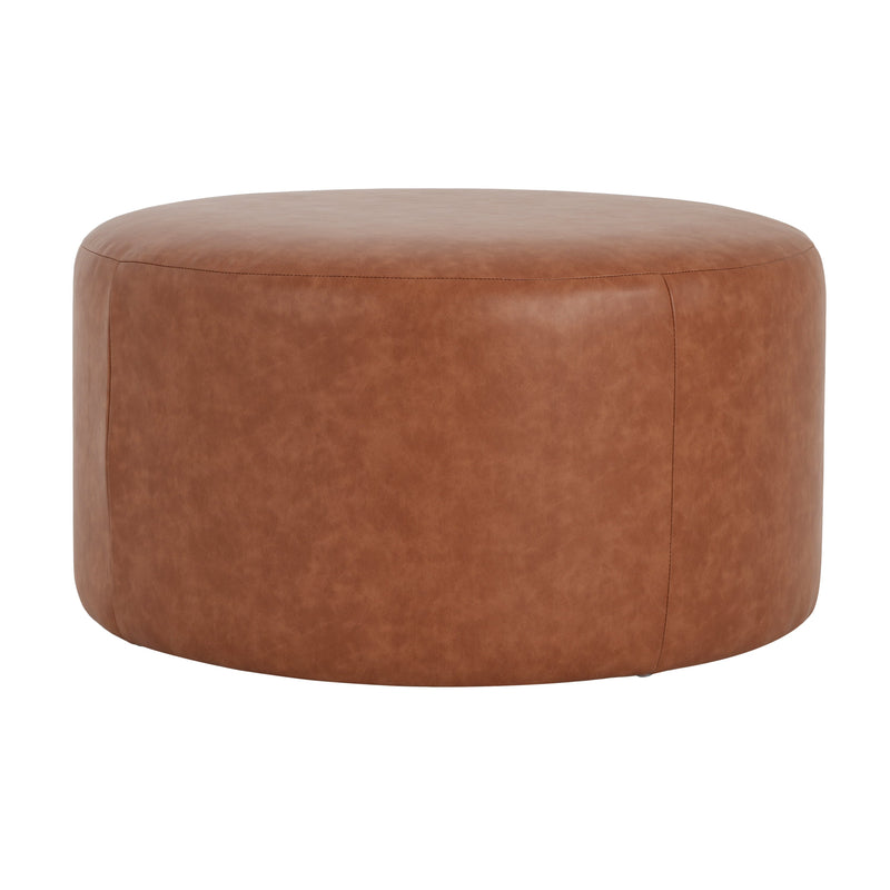 Upholstered Round Ottoman,PU Leather, Cognac Brown