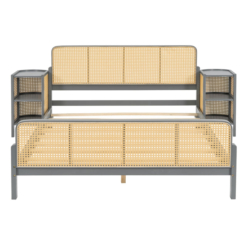 3 Pieces Rattan Platform Full Size Bed With 2 Nightstands,Gray