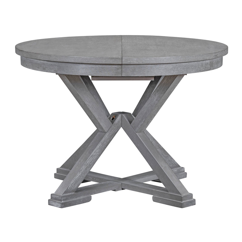 5-Piece Retro Functional Dining Table Set Extendable Round Table and 4 Upholstered Chairs for Dining Room and Living Room (Grey)