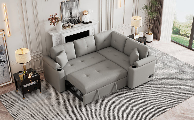 87.4" L-shape Sofa Bed Pull-out Sleeper Sofa with Wheels, USB Ports, Power Sockets for Living Room, Grey