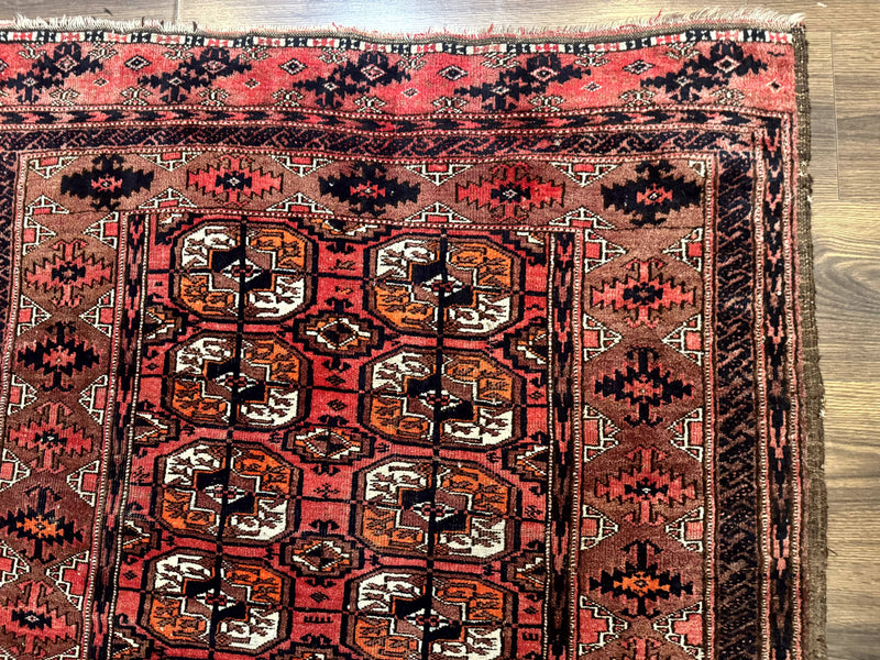Antique Turkoman Rug 3.7 x 6.7, Red, Wool Runner Rug
