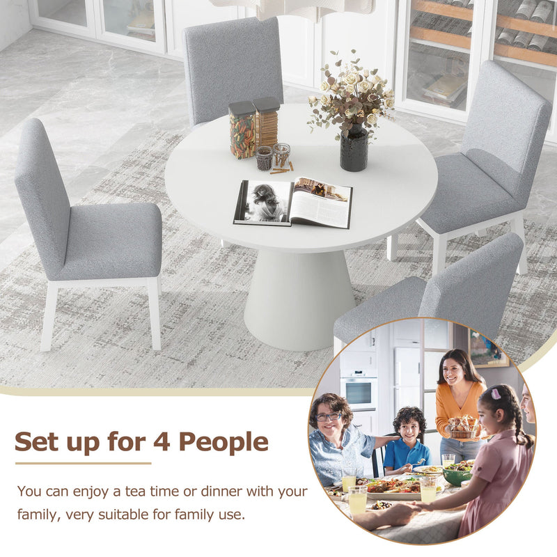 5-piece Dining Set Retro Round Table with 4 Upholstered Chairs for Living Room, Dining Room (White)