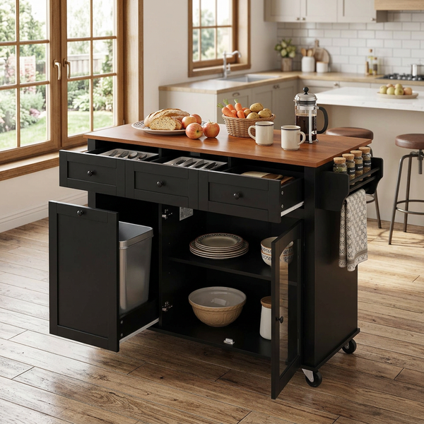 54.2'' Mobile Kitchen Island with Glass Door Storage & Trash Bin, photo 2 of 10