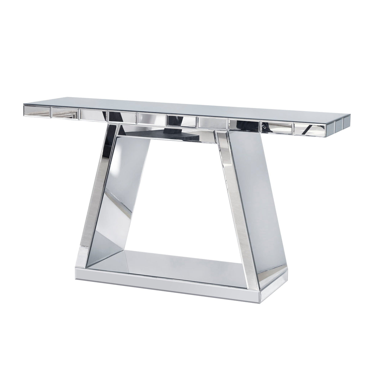 Modern Luxe Full Body Mirror Entryway Table With Trapezoid Base, 360° Reflective Console, Scratch Resistant, Open Storage - Silver, photo 7 of 7