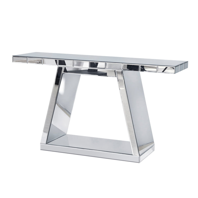 Modern Luxe Full Body Mirror Entryway Table With Trapezoid Base, 360° Reflective Console, Scratch Resistant, Open Storage - Silver, photo 7 of 7