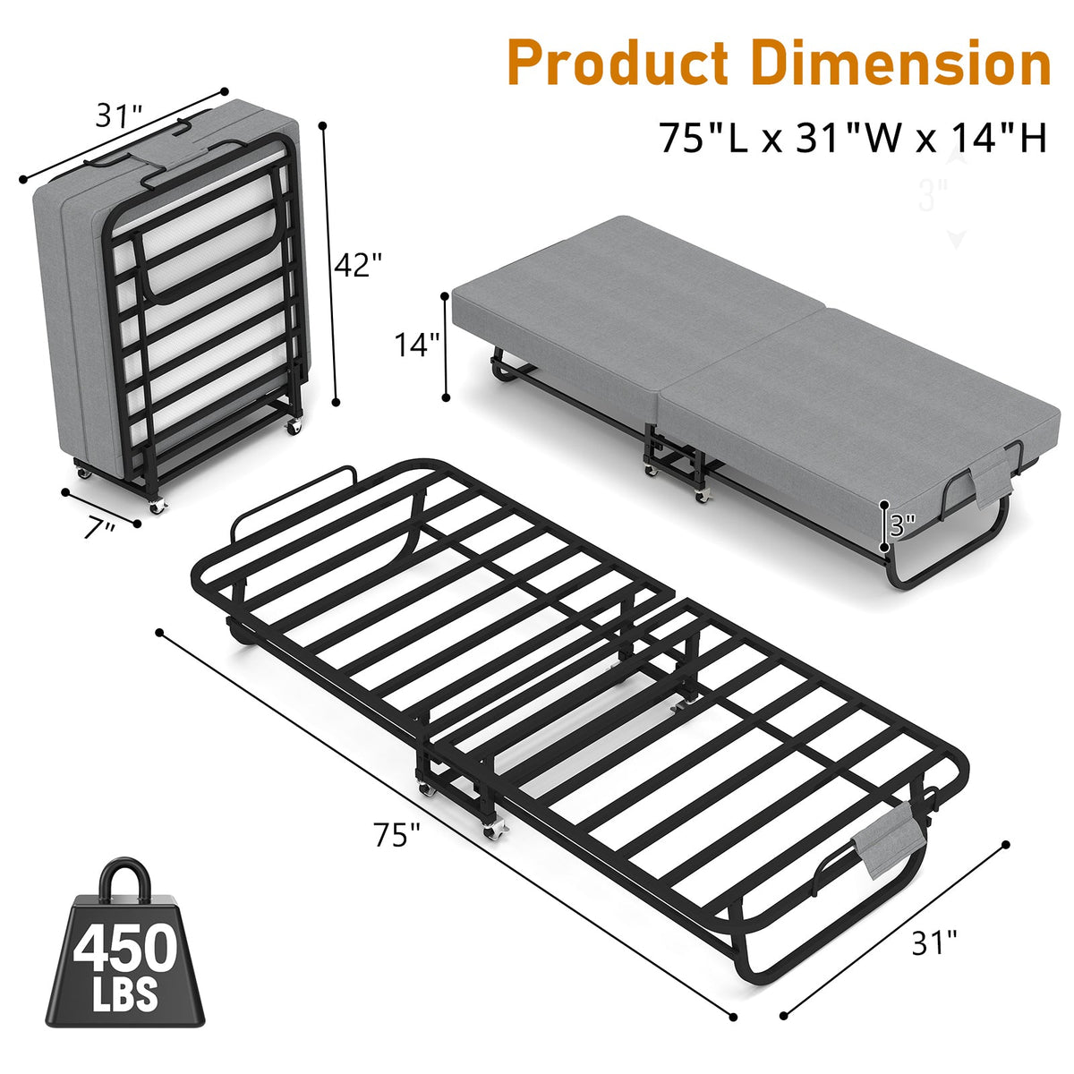 75" Folding Bed with Memory Foam Mattress, photo 5 of 10