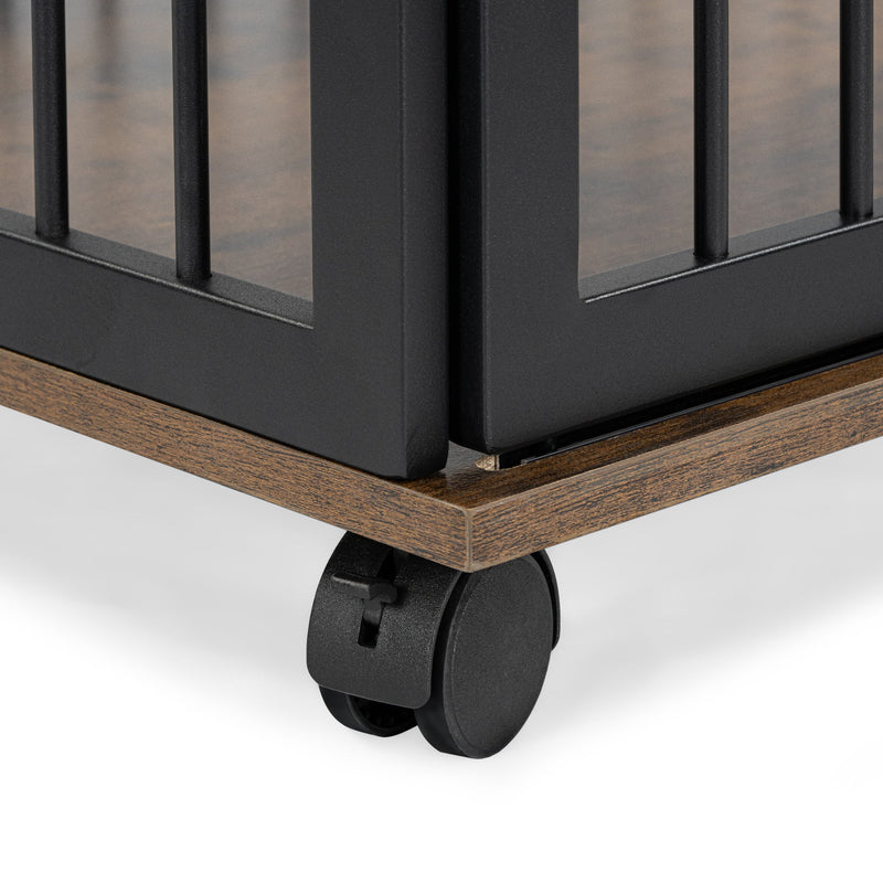 38" Heavy Duty Dog Crate Furniture for Medium Dog with Lockable Wheels, Wooden Dog Crate Dog Kennel, End Table Crate with Double layer storage, Brown