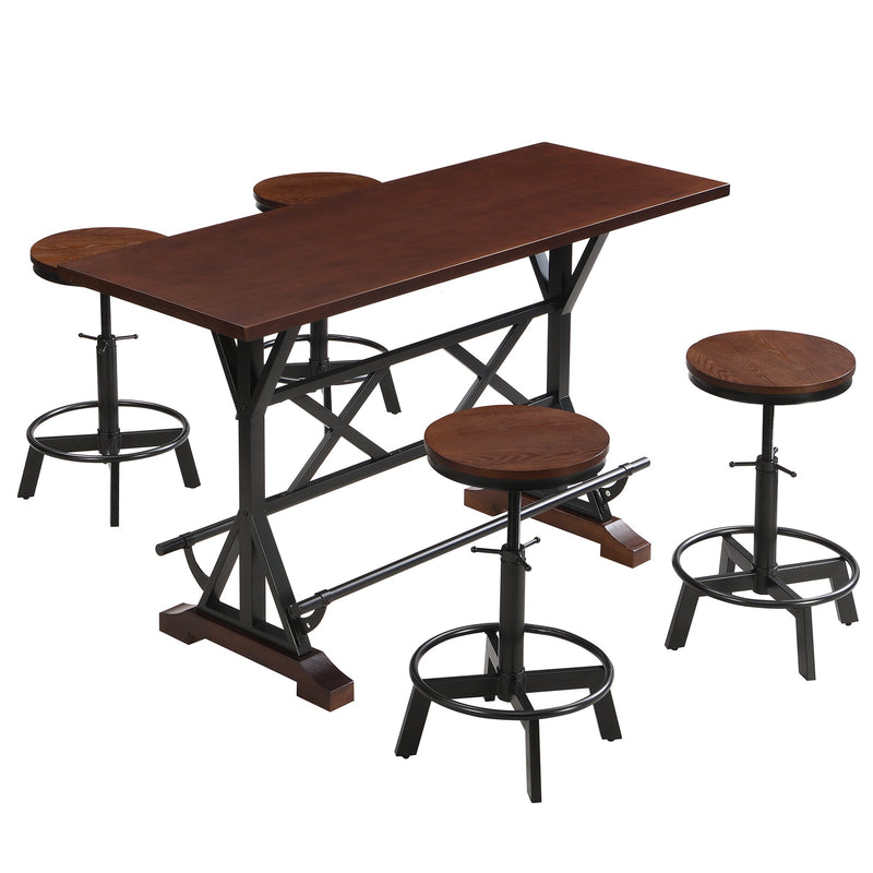 5-Piece Dining Table Set, 59" Wooden Sofa Side Table with Stabilizing Base, Rustic Brown Industrial Adjustable Height Chairs, Modern Bar Table and Chairs for Living Room, Dining Room, and Space Saving