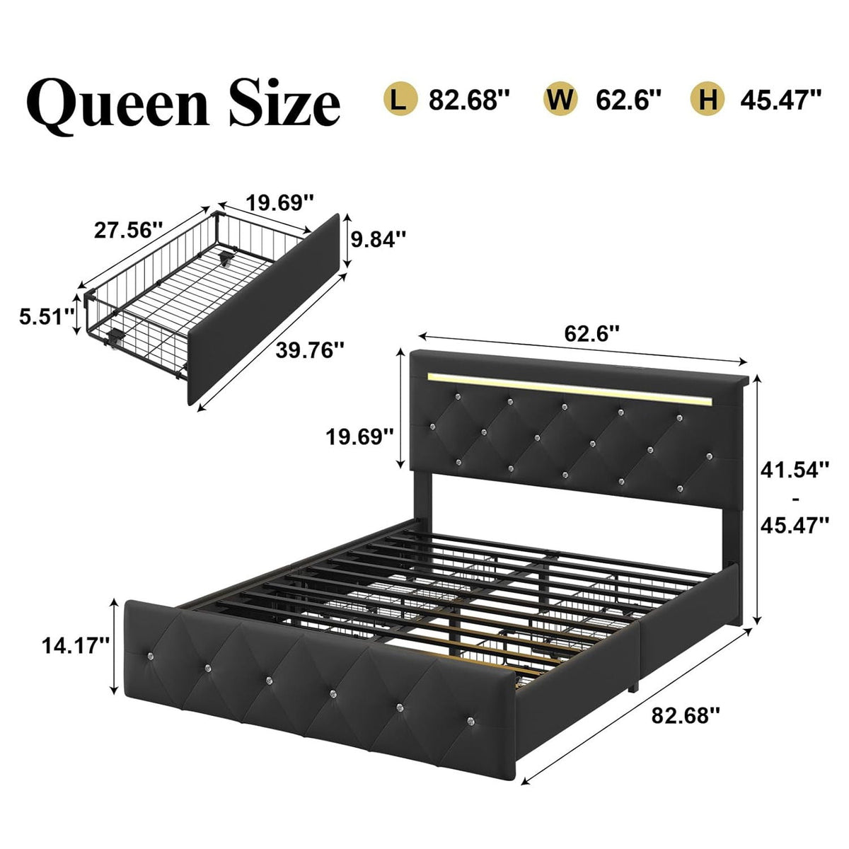 Upholstered Bed Frame With LED Lights, 4 Storage Drawers, Charging Station, photo 30 of 31