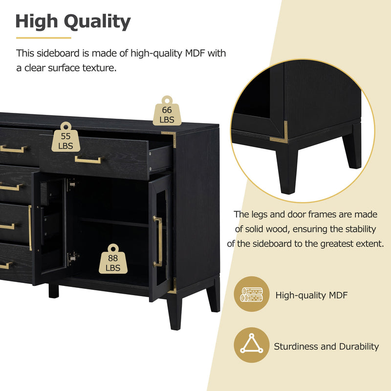 6-drawer and 2-Cabinet Retro Sideboard with Extra Large Storage Space, with Gold Handles and Solid Wood Legs, for Kitchen and Living Room (Black)