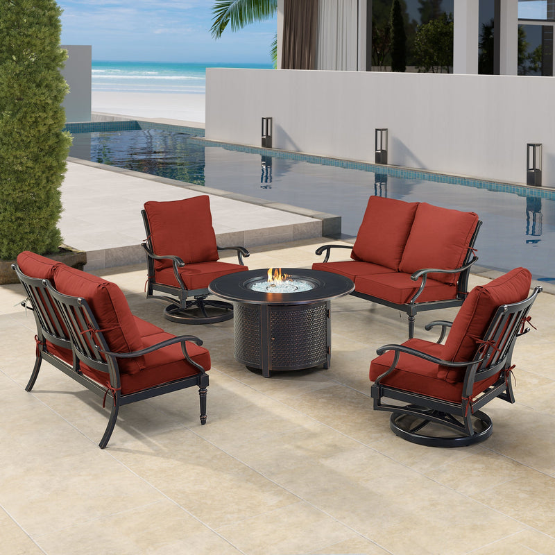 Black Aluminum Fire Table Set with Two Loveseats and Two Club Chairs