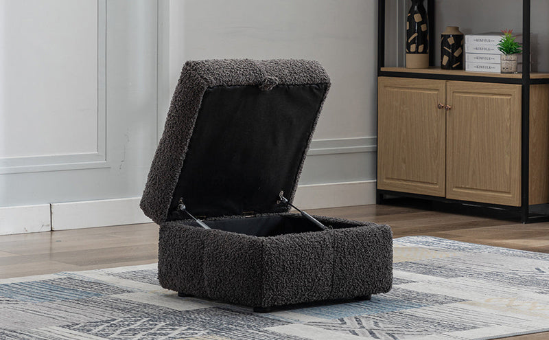 87.7" Sectional Sofa Cozy Teddy Fleece Fabric Sectional Sofa Couch with Two USB Ports a Movable Storage Ottoman and Two Lumbar Pillows for Living Room, Gray