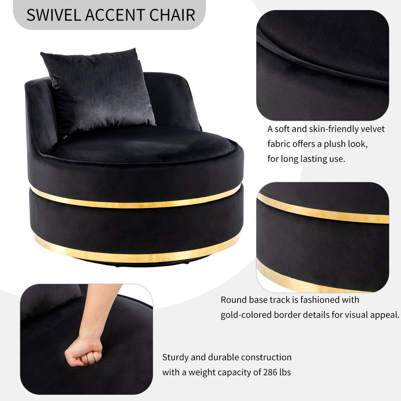 360 Degree Swivel Accent Chair Velvet Modern Upholstered Barrel Chair Over-Sized Soft Chair with Seat Cushion for Living Room, Bedroom, Office, Apartment, Black