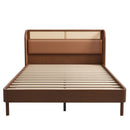 3 Pieces Modern Cannage Rattan Platform Queen Bed + Nightstandx2, Walnut