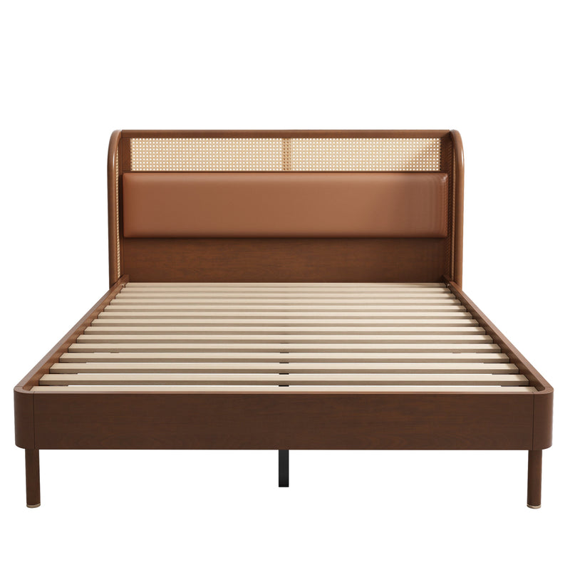 3 Pieces Modern Cannage Rattan Platform Queen Bed + Nightstandx2, Walnut