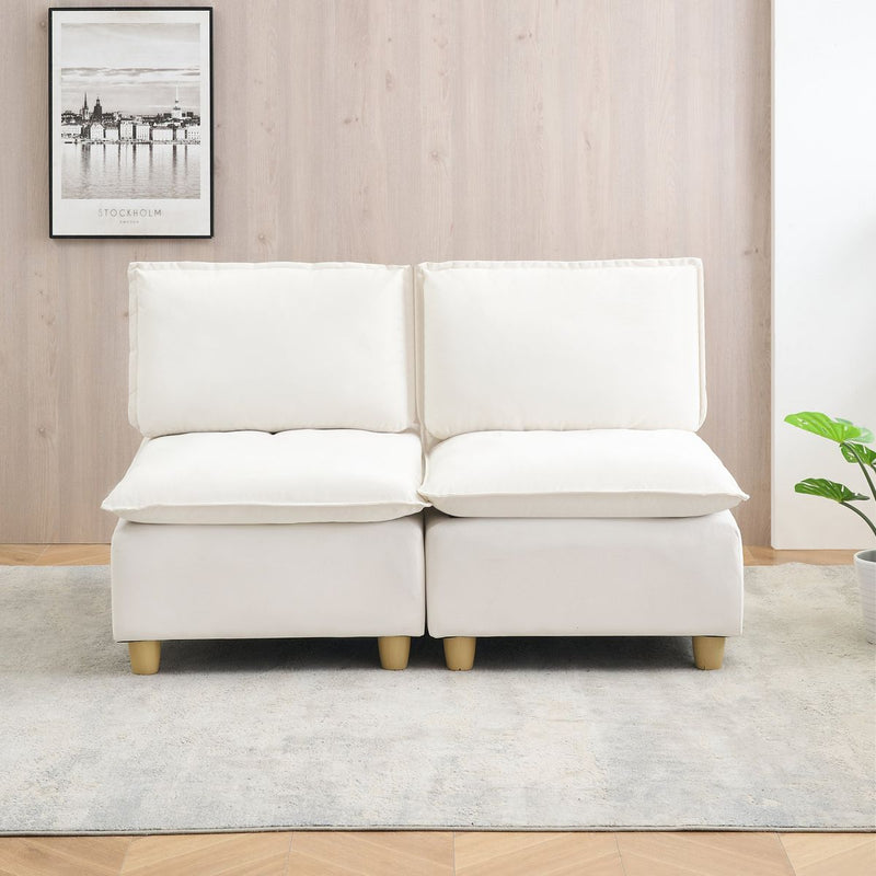 58-inch double-seat sofa in straight-row style, made of beige flannel, with a fashionable and minimalist design, which is suitable for the living room and balcony.