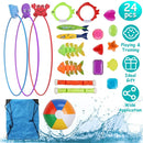 24Pcs Diving Toys Swimming Pool Toys Swim Toys for Kids Aged 3+ Years Old Swim Thru Rings Torpedoes Gems Volleyball Storage Bag by GBruno Store