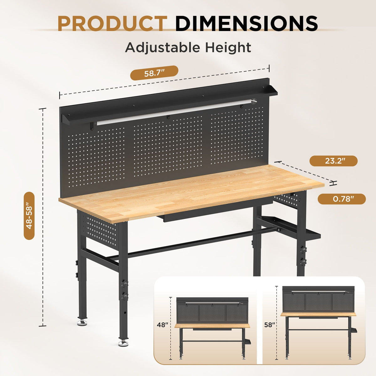 Adjustable Height Workbench, Includes Drawers, Power Outlet, LED Light, Wheels Or Leveling Feet - Black, photo 8 of 9