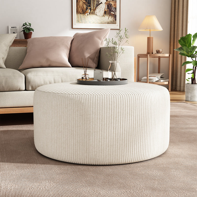 Upholstered Round Ottoman,Beige,Corduroy