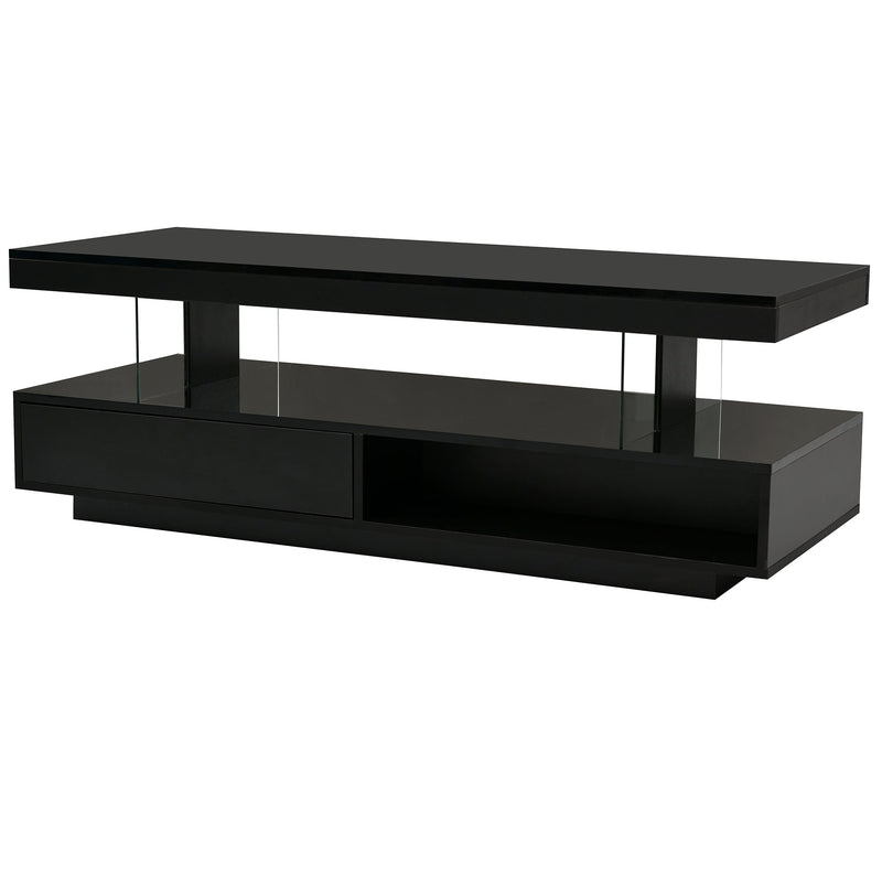 LED Coffee Table with Storage, Modern Center Table with 2 Drawers and Display Shelves, Accent Furniture with LED Lights for Living Room,Black