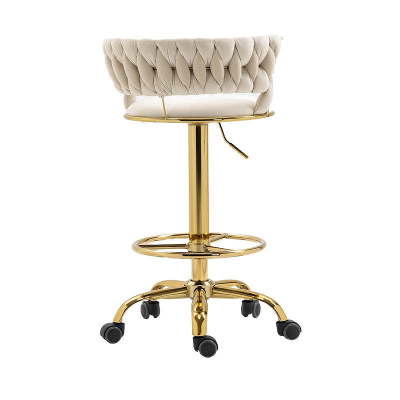 360 Adjustable Barstools Set of 2, Ergonomic Drafting Chair with Round Footrest and Backrest, Swivel Rolling Wheels for Spa, Studio, Classroom, Lab, Counter, Salon, Ivory