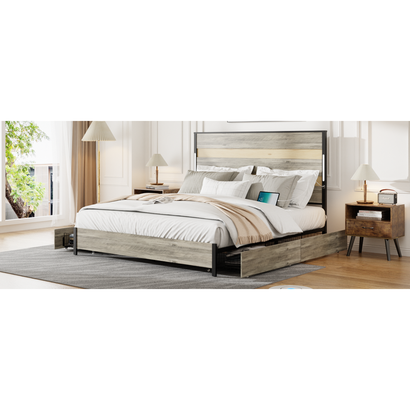 Queen Size Bed Frame with Headboard and 4 Storage Drawers, Queen Bed Frame with Charging Station and LED Lights, Wood Slats, Easy Assembly,No Box Spring Needed,Industrial Gray