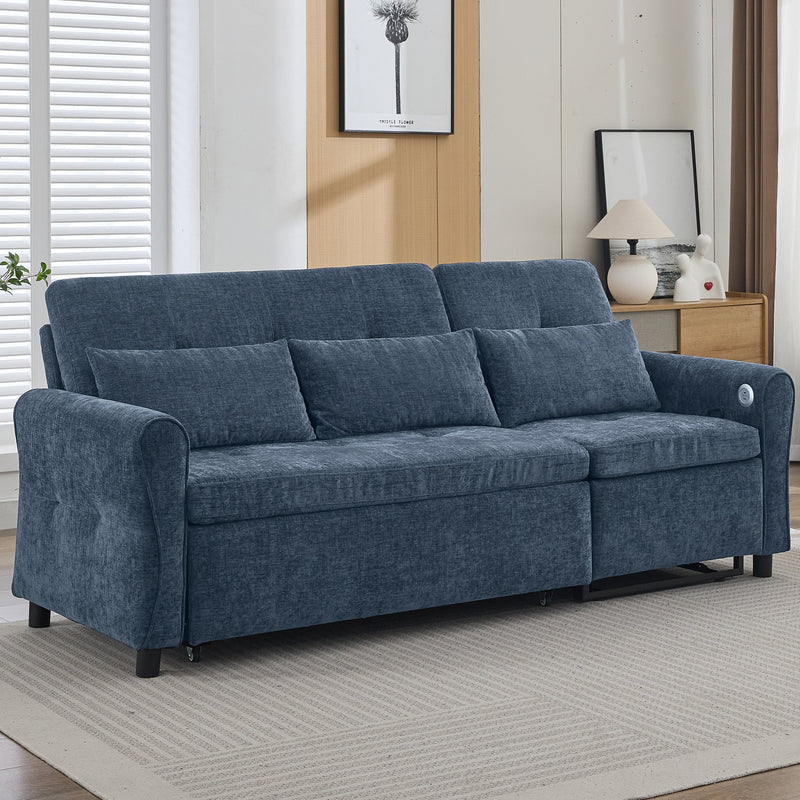 2-in-1 Sofa 82' Three-seater Sofa with Sofa Bed and Reversible Recliner, Blue Chenille