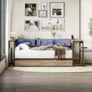 Corner Bed Frame Twin Size With Bookcase And 2 Underbed Storage Drawers, Modern Twin Bed With LED Light And Charging Station, Modern Daybed Reversible Left Or Right - Gray by HouseOfZazla