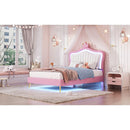 Twin Size Upholstered Bed Frame with LED Lights, Modern Upholstered Princess Bed With Crown Headboard,White+Pink