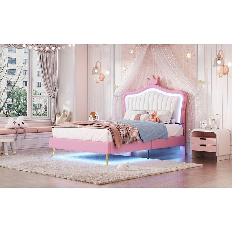 Twin Size Upholstered Bed Frame with LED Lights, Modern Upholstered Princess Bed With Crown Headboard,White+Pink