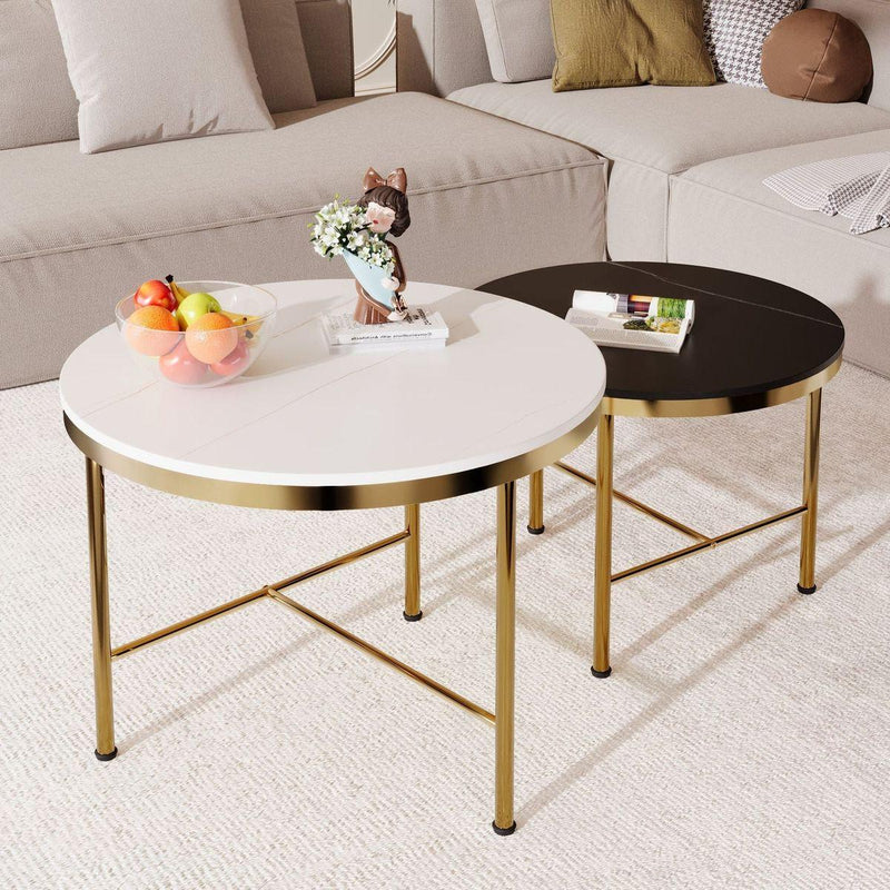 Modern Round Nesting Coffee Table Set 2-Piece Black & White Sintered Stone Top Gold Base in 23.6"&17.7"