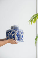 5x5x8' Hand Painted Square Canister with Blue and White Floral Pattern by HouseOfZazla
