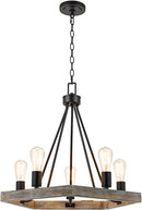 Catalina 24"W 5-Light Country Rustic Pentagon Tray Chandelier, Faux Wood Finish with Matte Black Accents