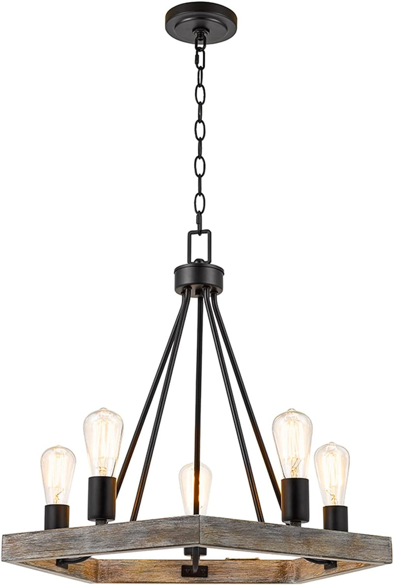 Catalina 24"W 5-Light Country Rustic Pentagon Tray Chandelier, Faux Wood Finish with Matte Black Accents