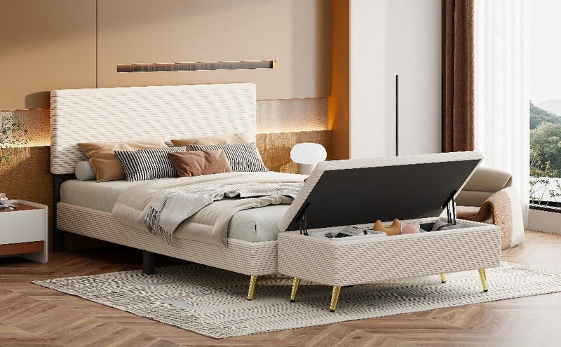 2 Pieces Bedroom Sets Queen Size Upholstered Bed Frame, Modern Corduroy Storage Ottoman,Beige