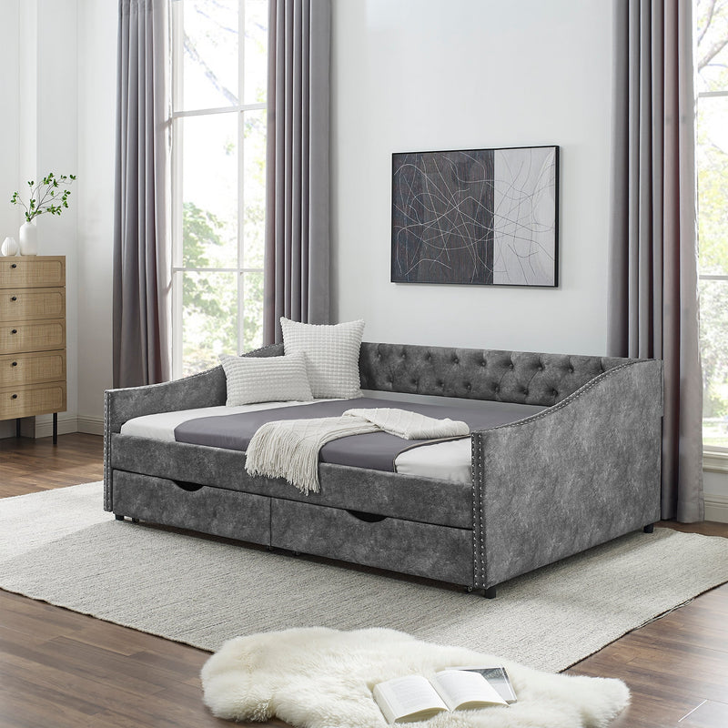 Full Size Daybed with Drawers Upholstered Tufted Sofa Bed, with Button on Back and Copper Nail on Waved Shape Armsrey0.5"55.5"27.5"