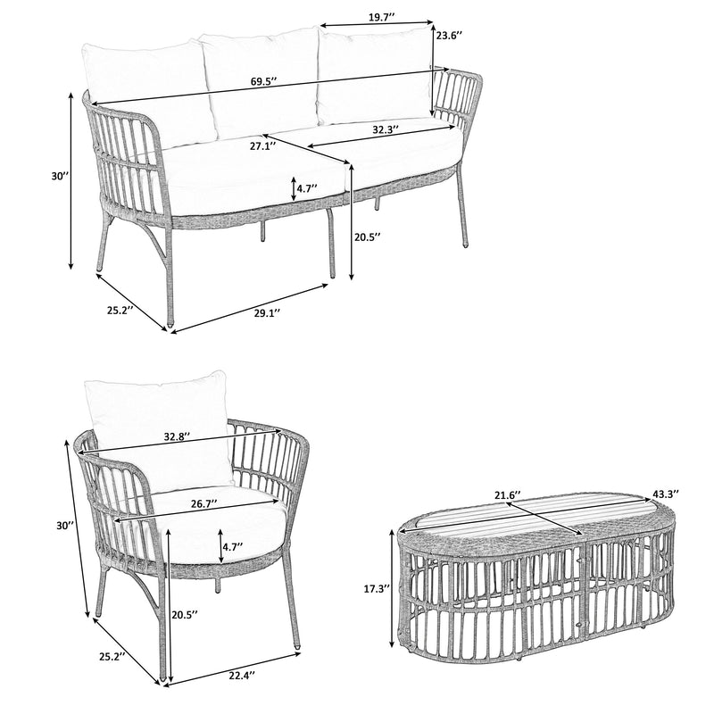 4-Piece Rattan Outdoor Patio Conversation Set with Seating Set for 5 and Coffee Table for Porch, Backyard and Garden (Brown Grey)
