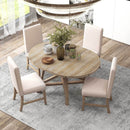 5-Piece Retro Functional Dining Set with Extendable Round Table with Removable Middle Leaf and 4 Upholstered Chairs for Dining Room and Living Room (Natural Wood Wash)