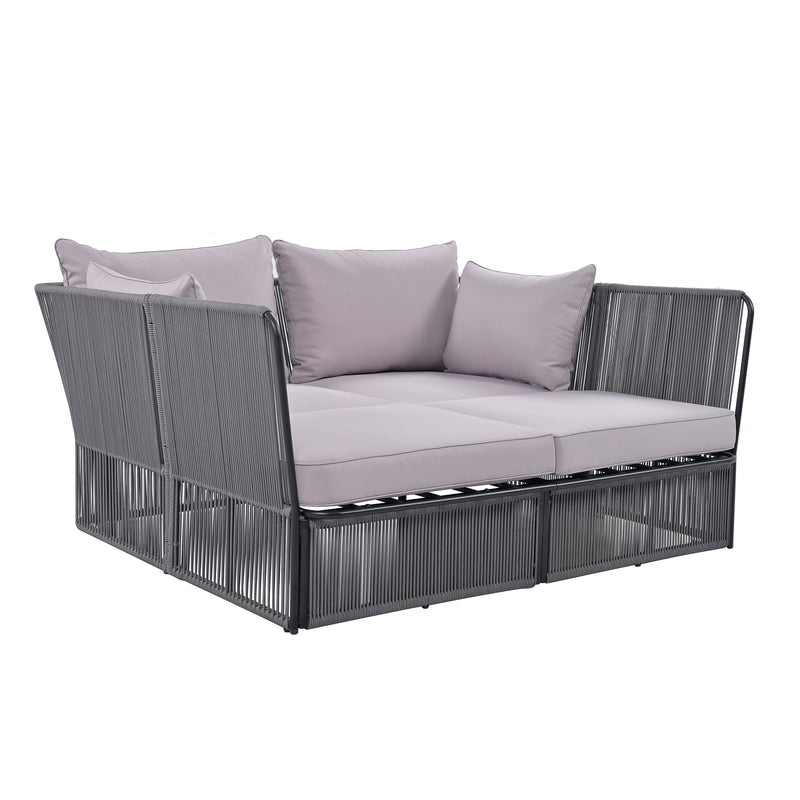 2-Piece Outdoor Sunbed and Coffee Table Set, Patio Double Chaise Lounger Loveseat Daybed with Clear Tempered Glass Table for the patio, poolside (Grey Cushion + Dark Grey Rope)