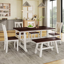 6-Piece Wood Dining Table Set Kitchen Table Set with Long Bench and 4 Dining Chairs, Farmhouse Style, Walnut+White