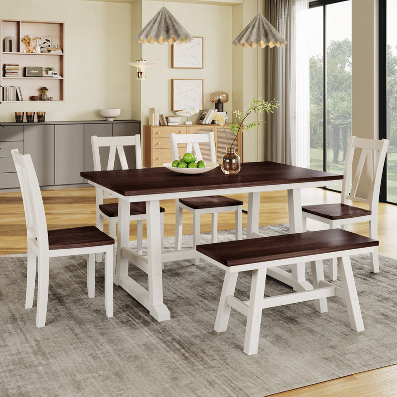 6-Piece Wood Dining Table Set Kitchen Table Set with Long Bench and 4 Dining Chairs, Farmhouse Style, Walnut+White