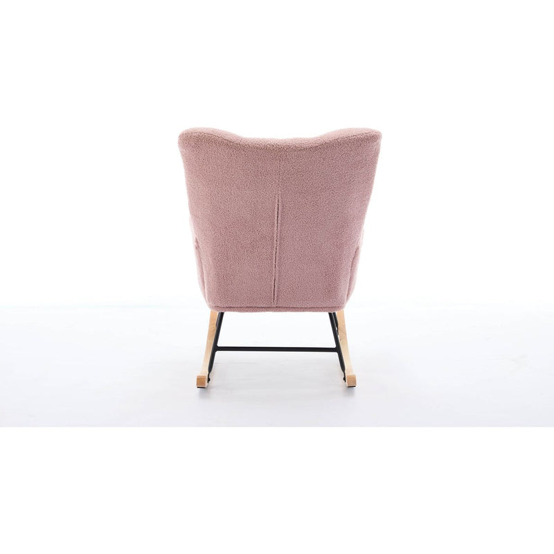Modern Nursery Rocking Chair Upholstered Glider Chair with High Backrest Rocker Accent Armchair with Solid Wood Legs for Nursery Bedroom Living Room Teddy(Pink)