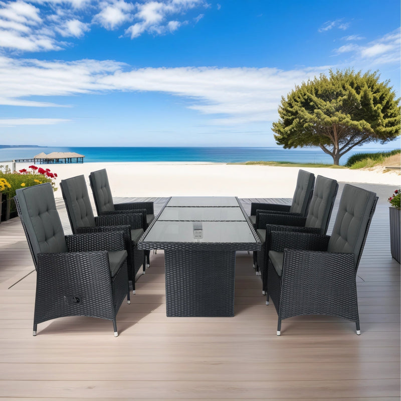 7 Piece Outdoor Patio Wicker Dining Set Patio With Adjustable Backrest Black Wicker + Dark Grey Cushion